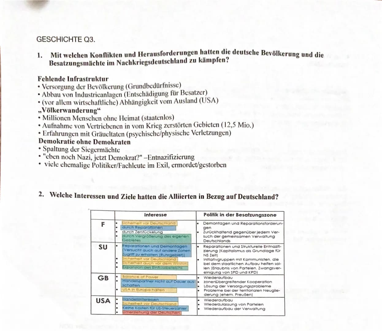 GESCHICHTE Q3.
1. Mit welchen Konflikten und Herausforderungen hatten die deutsche Bevölkerung und die
Besatzungsmächte im Nachkriegsdeutsch