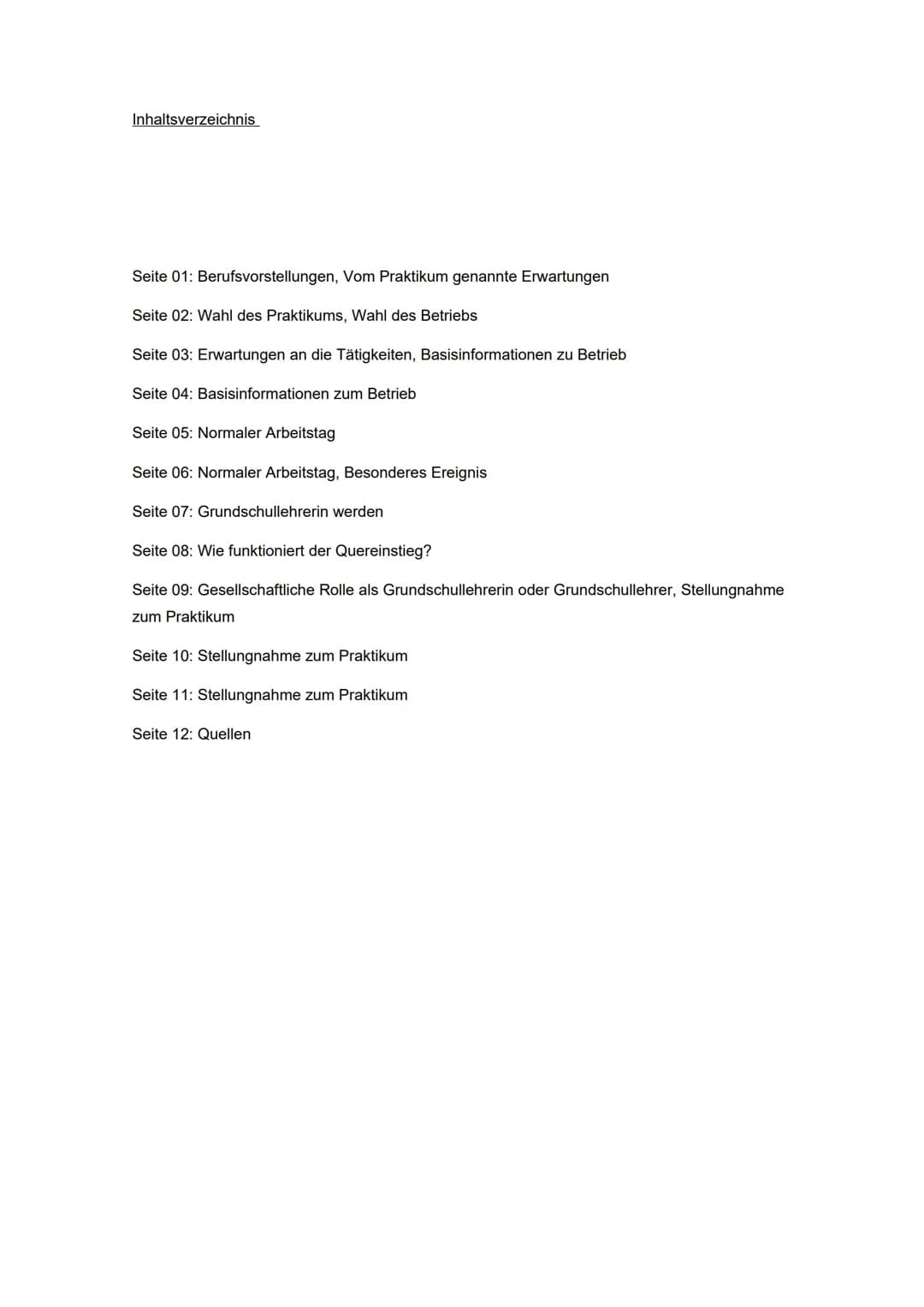 Inhaltsverzeichnis
Seite 01: Berufsvorstellungen, Vom Praktikum genannte Erwartungen
Seite 02: Wahl des Praktikums, Wahl des Betriebs
Seite 