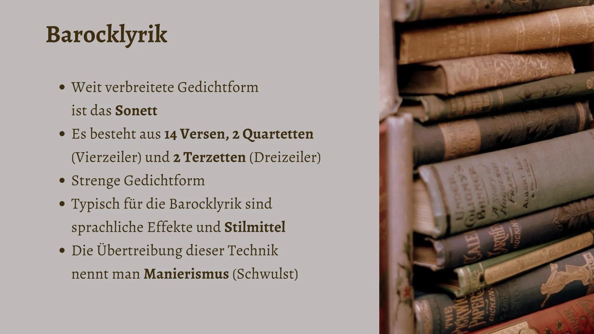 Literaturgeschichte
Das Barock
17. Jahrhundert Geschichtlicher Hintergrund
Religiöse und politische Konflikte herrschen vor
• Gegensätze zwi