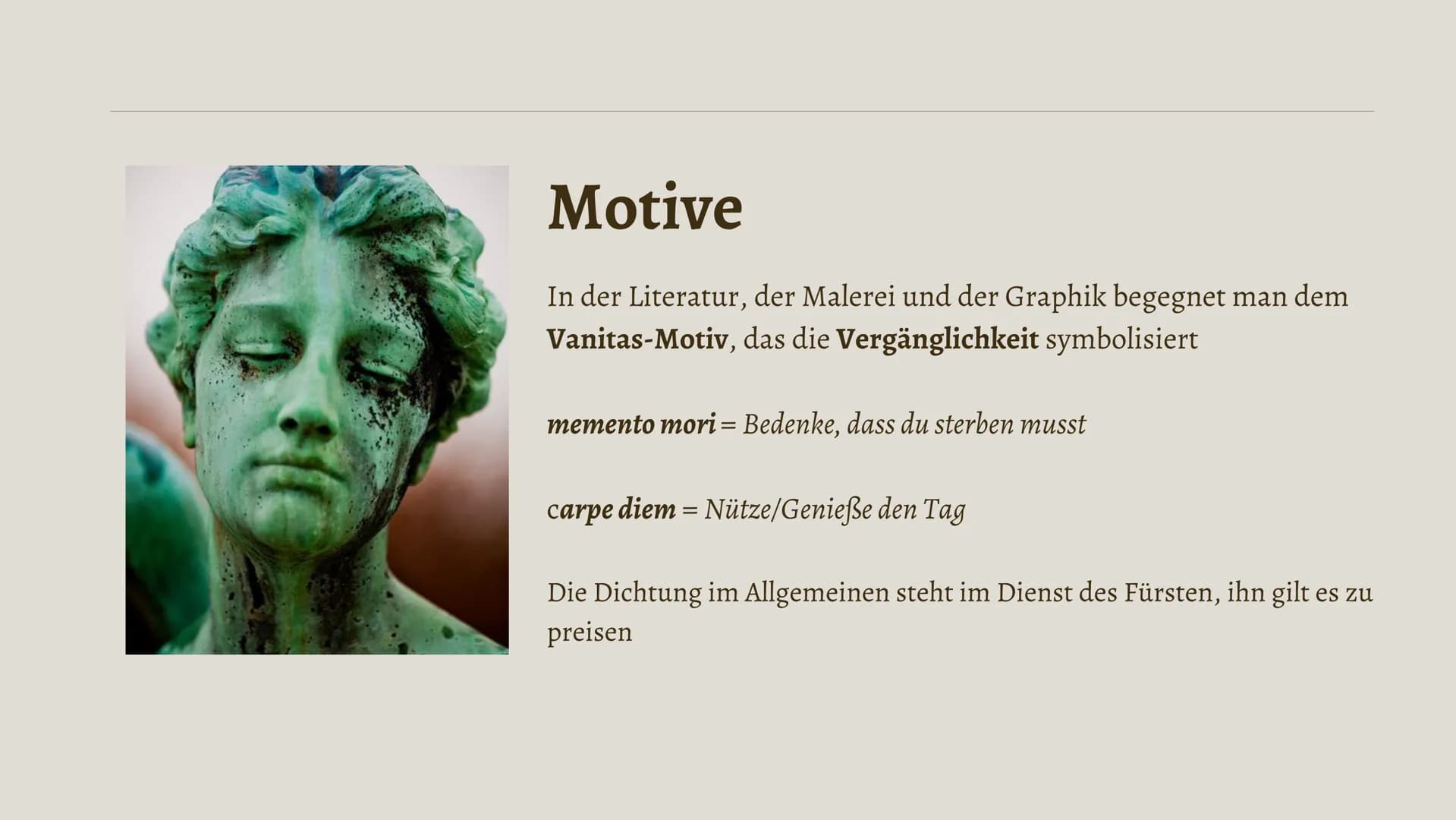 Literaturgeschichte
Das Barock
17. Jahrhundert Geschichtlicher Hintergrund
Religiöse und politische Konflikte herrschen vor
• Gegensätze zwi