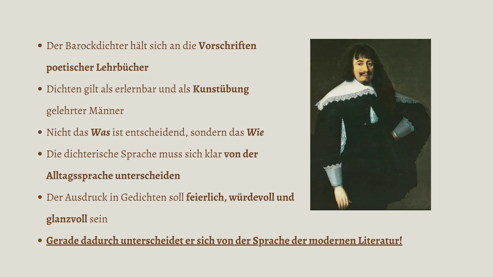 Literaturgeschichte
Das Barock
17. Jahrhundert Geschichtlicher Hintergrund
Religiöse und politische Konflikte herrschen vor
• Gegensätze zwi