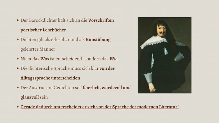 Literaturgeschichte
Das Barock
17. Jahrhundert Geschichtlicher Hintergrund
Religiöse und politische Konflikte herrschen vor
• Gegensätze zwi