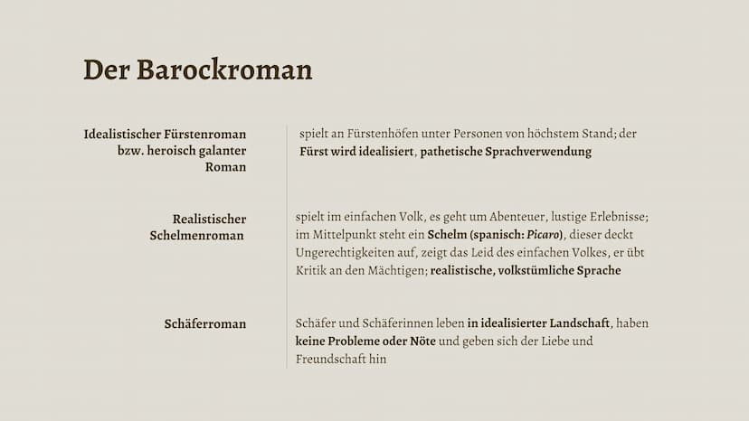Literaturgeschichte
Das Barock
17. Jahrhundert Geschichtlicher Hintergrund
Religiöse und politische Konflikte herrschen vor
• Gegensätze zwi