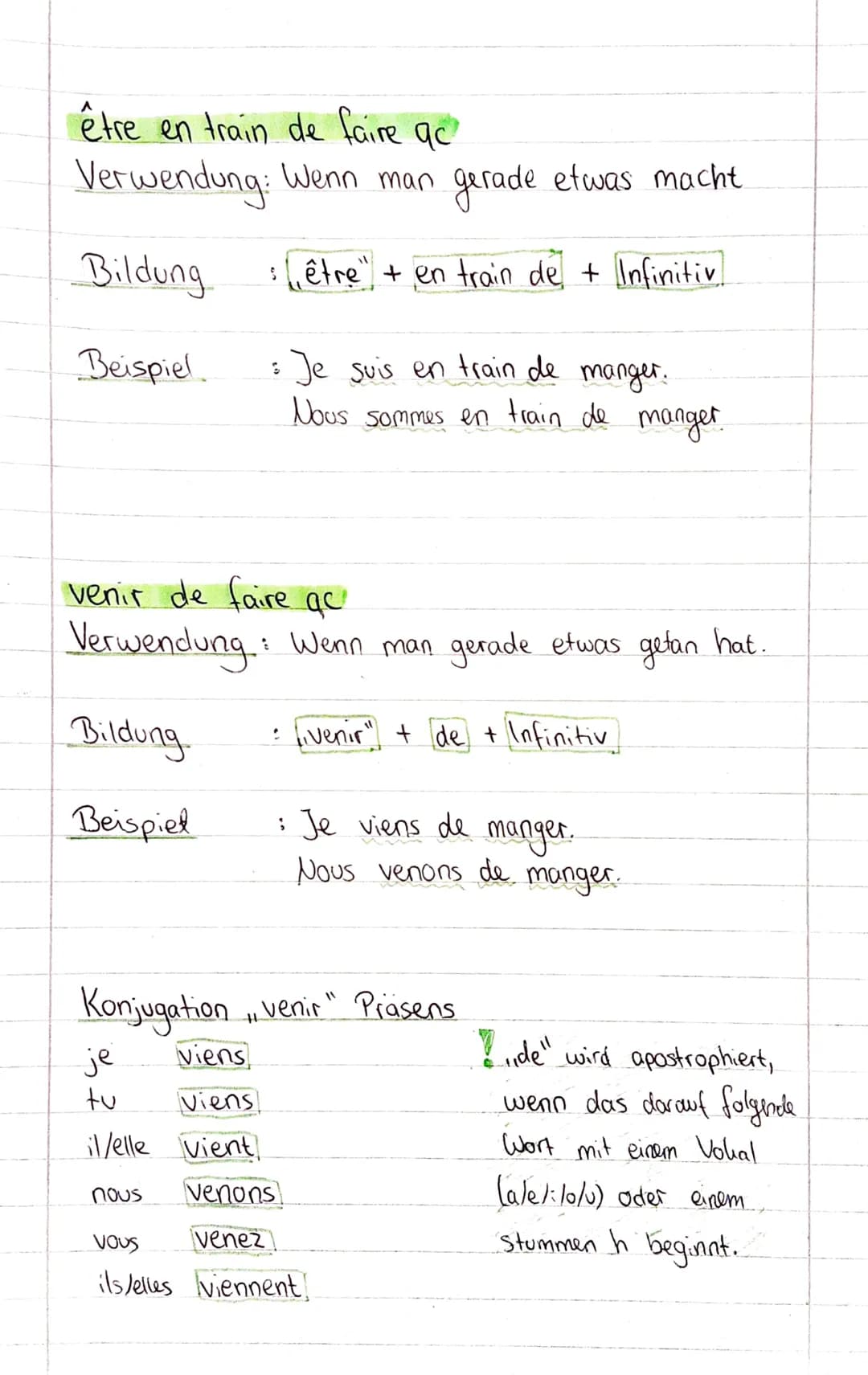 être en train de faire qc²
Verwendung: Wenn man gerade etwas macht
Bildung
:être" + en train de + Infinitiv
Beispiel
venir de faire qc
Verwe