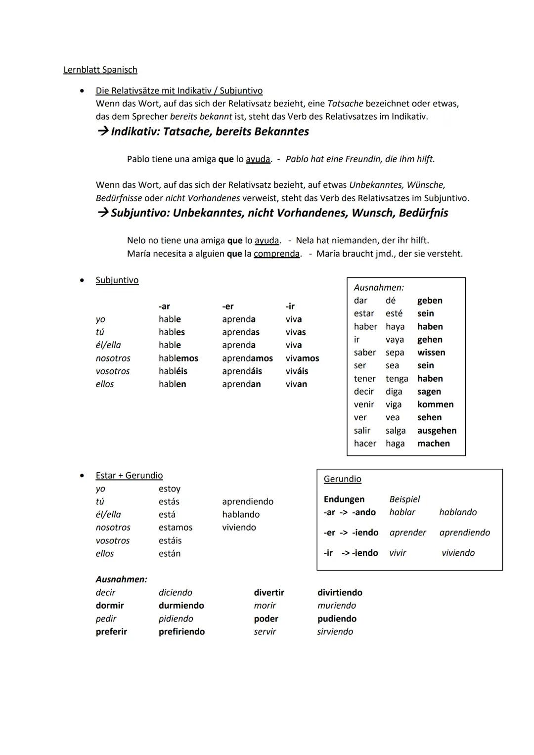 Lernblatt Spanisch
●
●
Die Relativsätze mit Indikativ / Subjuntivo
Wenn das Wort, auf das sich der Relativsatz bezieht, eine Tatsache bezeic
