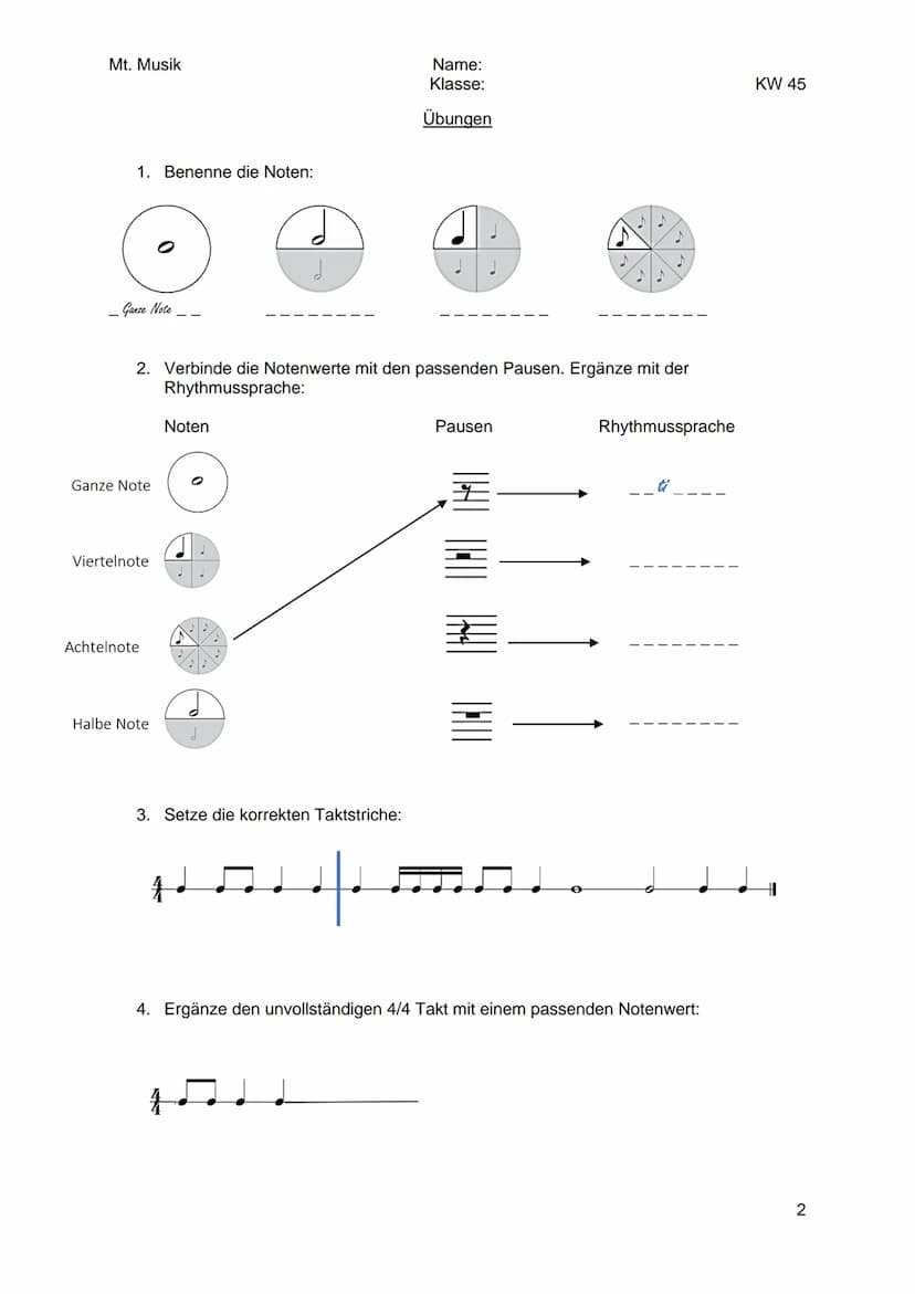 Mt. Musik
1. Notenwerte
2. Pausenwerte
3. Rhythmussprache
4. Taktart 4/4
5. Taktstriche setzen, unvollständige Takte ergänzen
1. Ein Notenwe