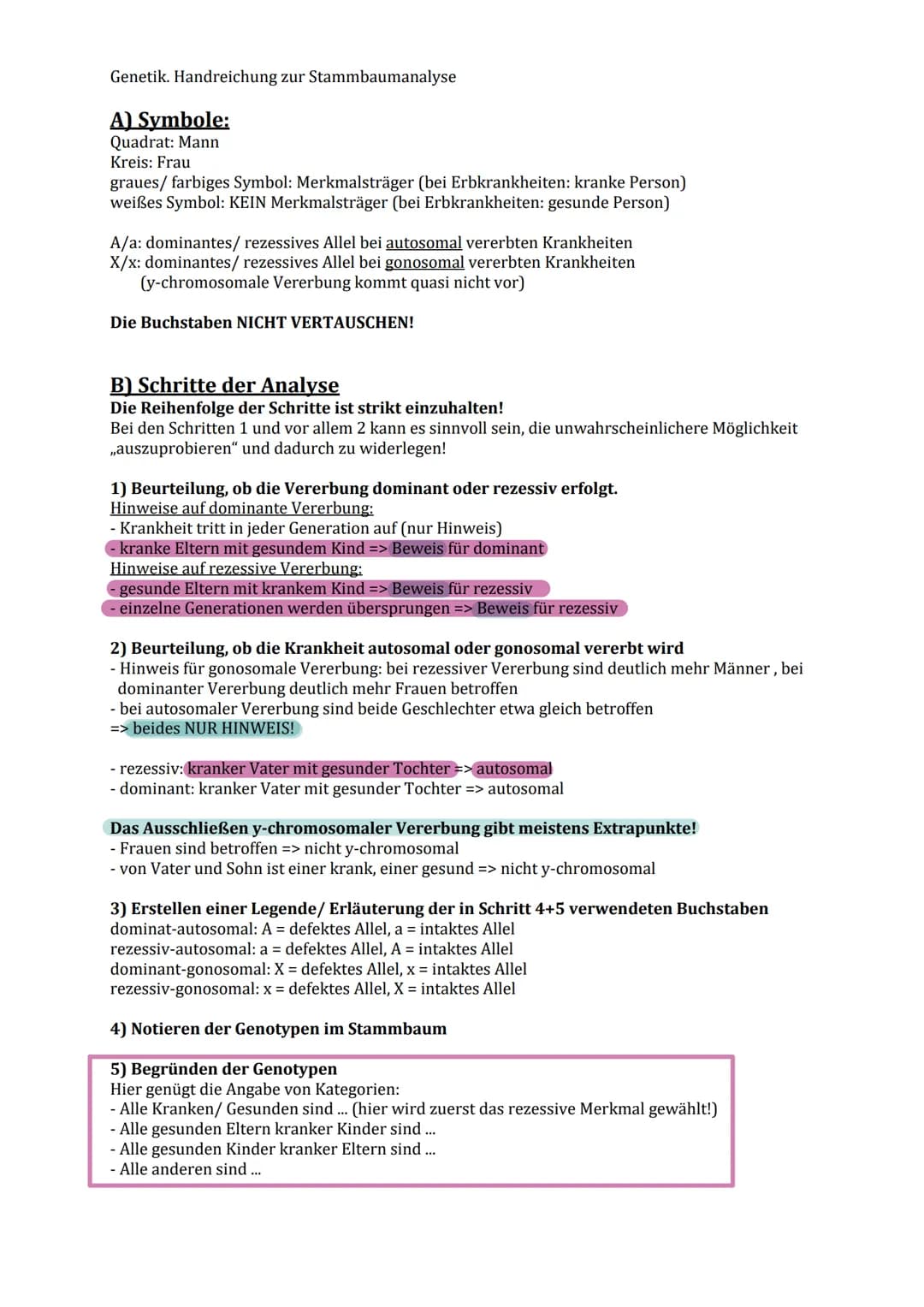 stammbaumanalyse:
Die Stammbaumanalyse besteht aus 5-Schritten:
1. bestimme: Merkmal dominant oder rezessiv?
2. Ist die Krankheit autosomal 