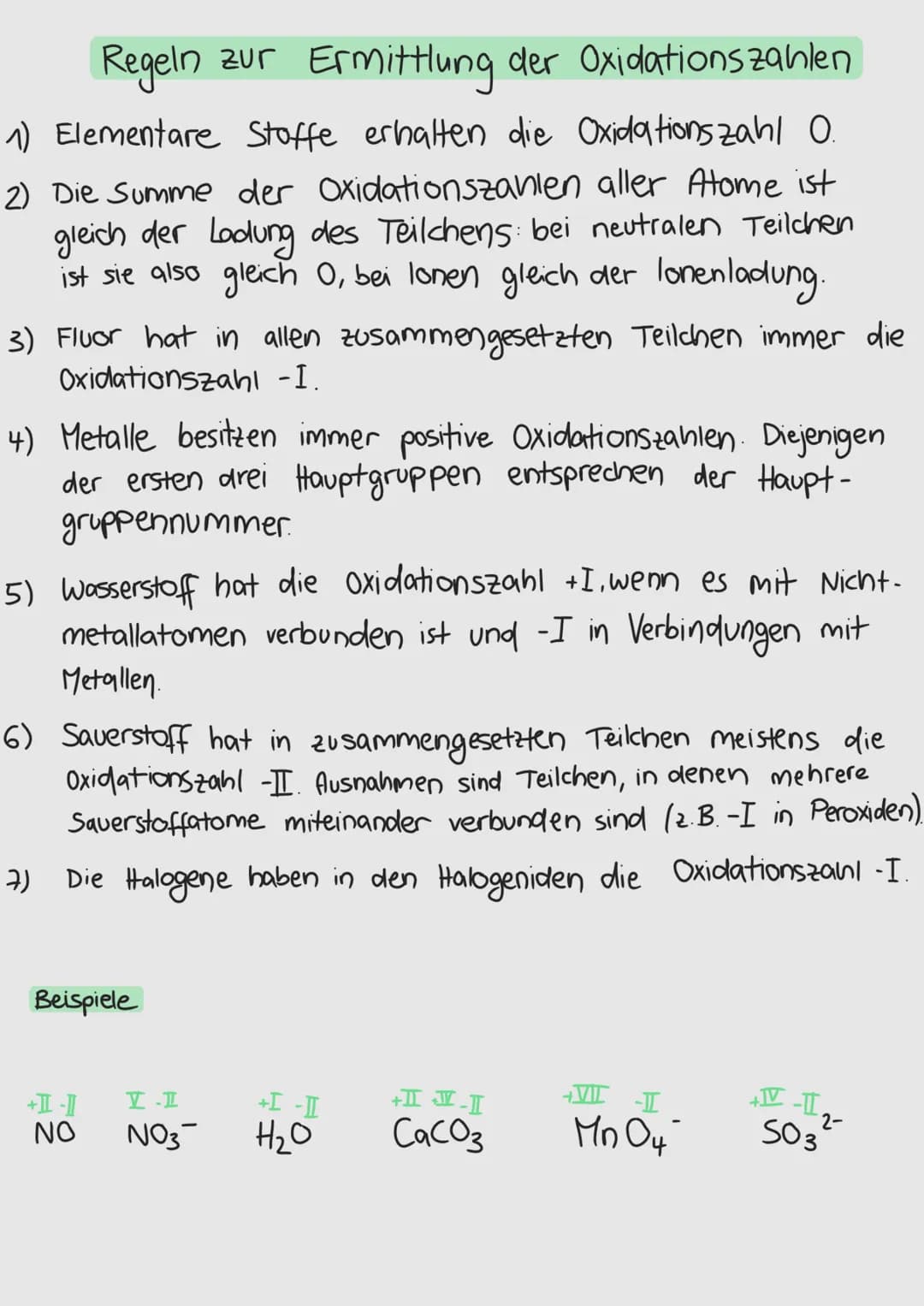 Regeln zur Ermittlung der Oxidationszahlen
1) Elementare Stoffe erhalten die Oxidationszahl O.
2) Die Summe der Oxidationszahlen aller Atome