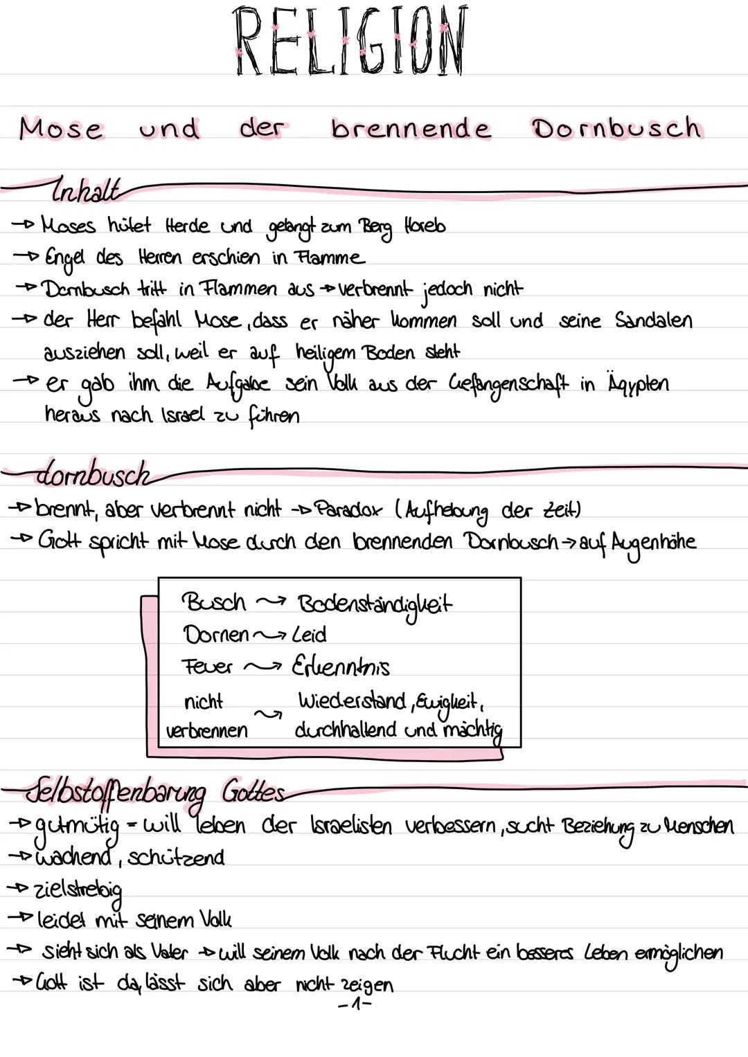 RELIGION
Mose und
Inhalt
→ Moses hütet Herde und gelangt zum Berg Horeb
Engel des Herren erschien in Flamme
Dombusch tritt in Flammen aus ve