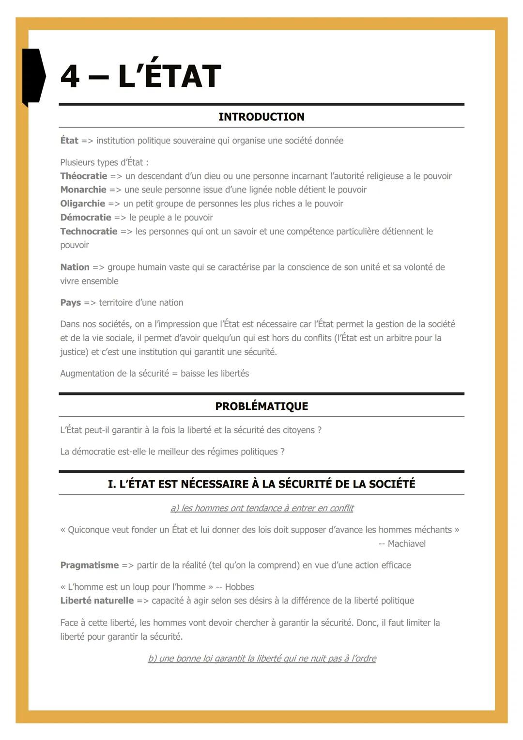 # 4 - L'ÉTAT

INTRODUCTION

État => institution politique souveraine qui organise une société donnée

Plusieurs types d'État :
Théocratie =>