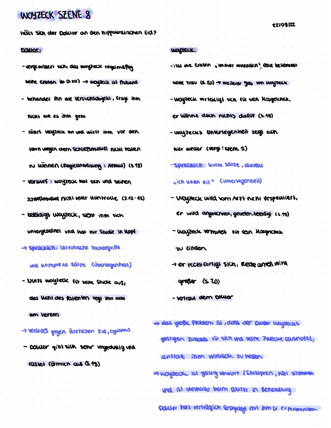 WOYZECK SZENE 8
Halt sich der Doutor an den nippouralischen Eid?
Dowtor:
-vergewissert sich, das woyzeck regelmäßig
seine erbsen ist (5.20) 