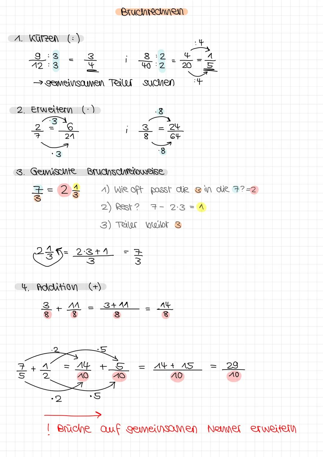 # Bruchrechnen

1. Kürzen (:)

$
\frac{9:3}{12:3} = \frac{3}{4}
$

i
$
\frac{8:2}{40:2} = \frac{4}{20} = \frac{1}{5}
$

→gemeinsamen Teiler 