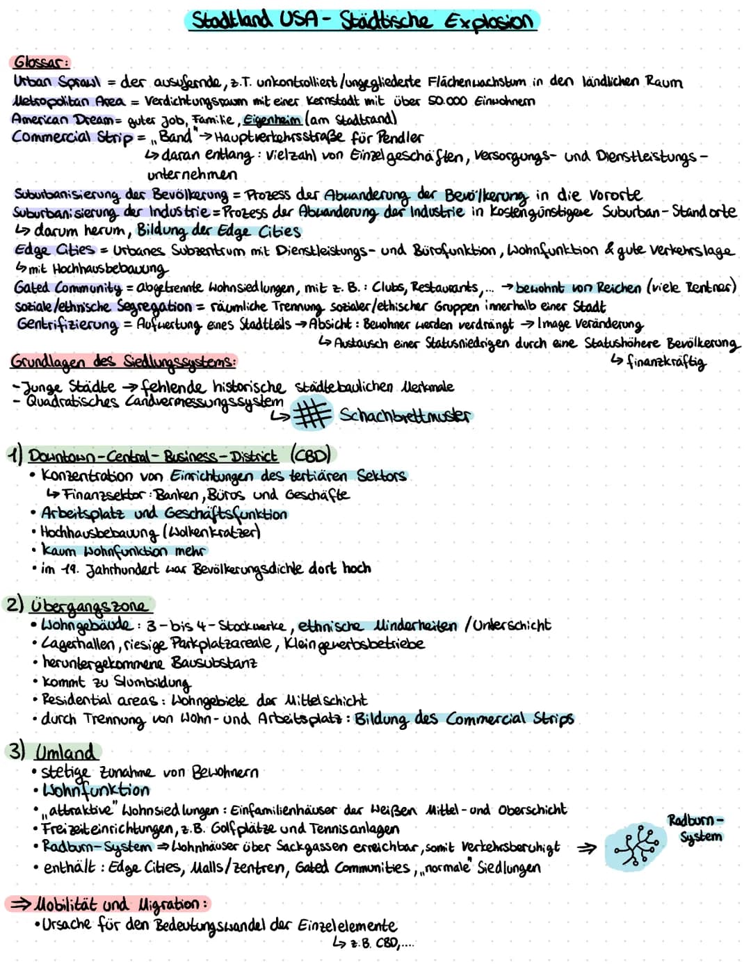 Glossar:
Urban Sprawl= der ausufernde, z. T. unkontrolliert/Ungegliederte Flächenwachstum in den ländlichen Raum
Metropolitan Area = Verdich