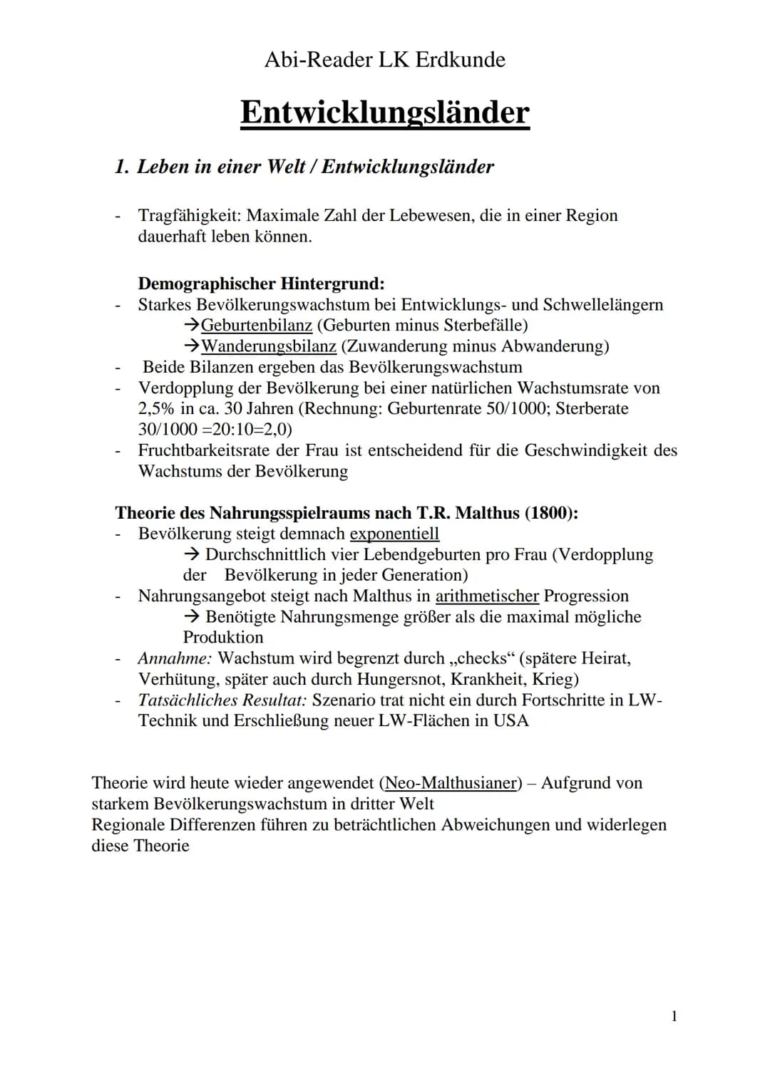 Abi-Reader LK Erdkunde
Entwicklungsländer
1. Leben in einer Welt/ Entwicklungsländer
Tragfähigkeit: Maximale Zahl der Lebewesen, die in eine