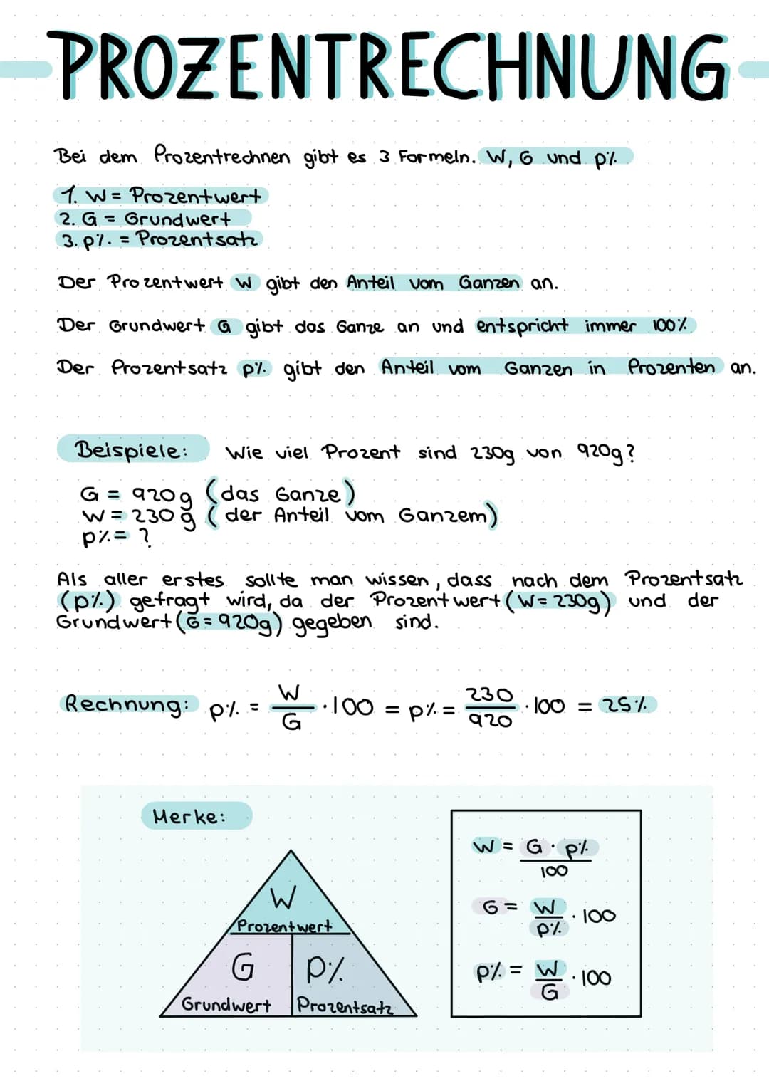 PROZENTRECHNUNG
Bei dem Prozentrechnen gibt es 3 Formeln. W, 6 und p%.
1. W = Prozentwert
2. G = Grundwert
3.p%.
= Prozentsatz
Der Prozentwe