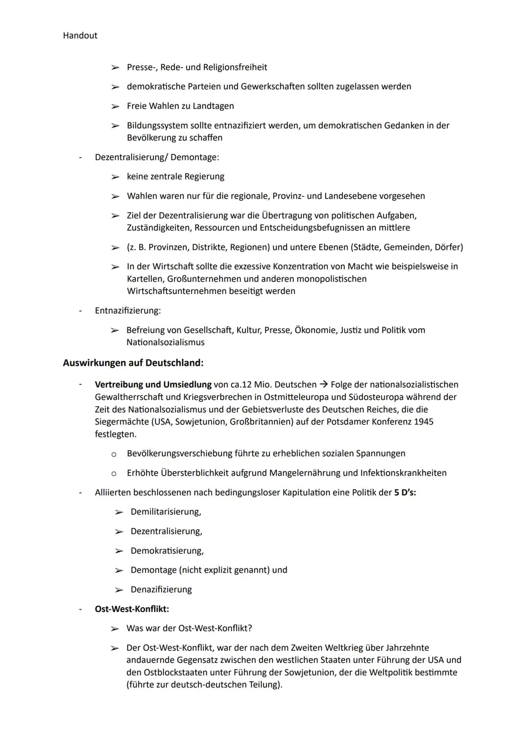 Handout
Beschlüsse der Potsdamer Konferenz und deren Auswirkungen für
Deutschland
Potsdamer Konferenz:
Am 17. Juli bis zum 2. August 1945
Te