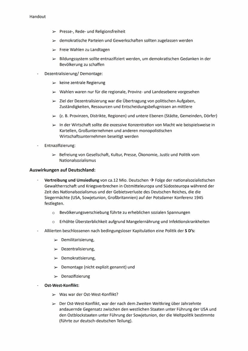 Handout
Beschlüsse der Potsdamer Konferenz und deren Auswirkungen für
Deutschland
Potsdamer Konferenz:
Am 17. Juli bis zum 2. August 1945
Te