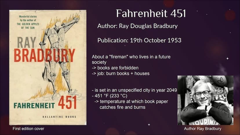 Fahrenheit 451 - Summary Notes
Notízen zu meinem Vortrag über das Buch „Fahrenheit 451" - die Notízen dienen zum
vortragen des Inhalts des B