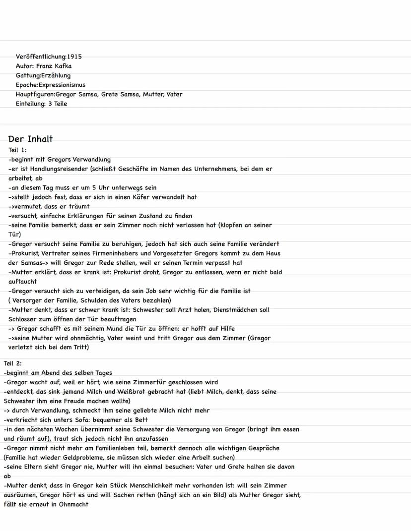  Veröffentlichung: 1915
Autor: Franz Kafka
Gattung:Erzählung
Epoche:Expressionismus
Hauptfiguren:Gregor Samsa, Grete Samsa, Mutter, Vater
Ei
