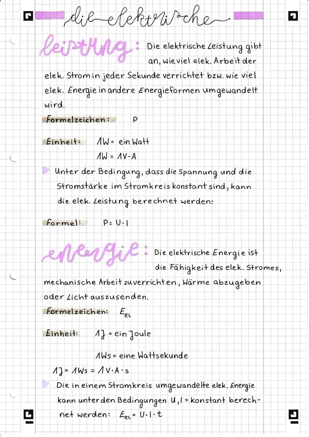 ◉ ELEKTRISCHE ENERGIE UND LEISTUNG-

Die elektrische Energie ist die Fähigkeit des elek. Stromes,
mechanische Arbeit zu verrichten, Wärme ab