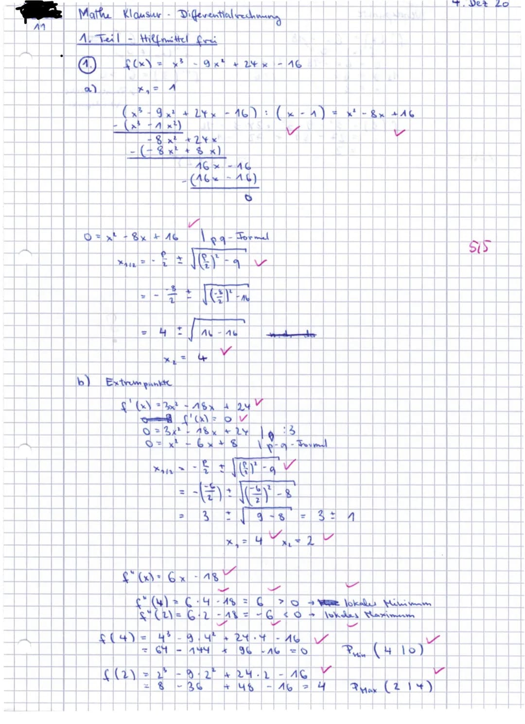 1
Fach: Mathematik
Thema: Differentialrechnung
Klausur
Datum: 04.12.2020
Klasse: 11- LK; Schuljahr: 2020/21
Bearbeitungszeit: 1. Teil: 45 Mi