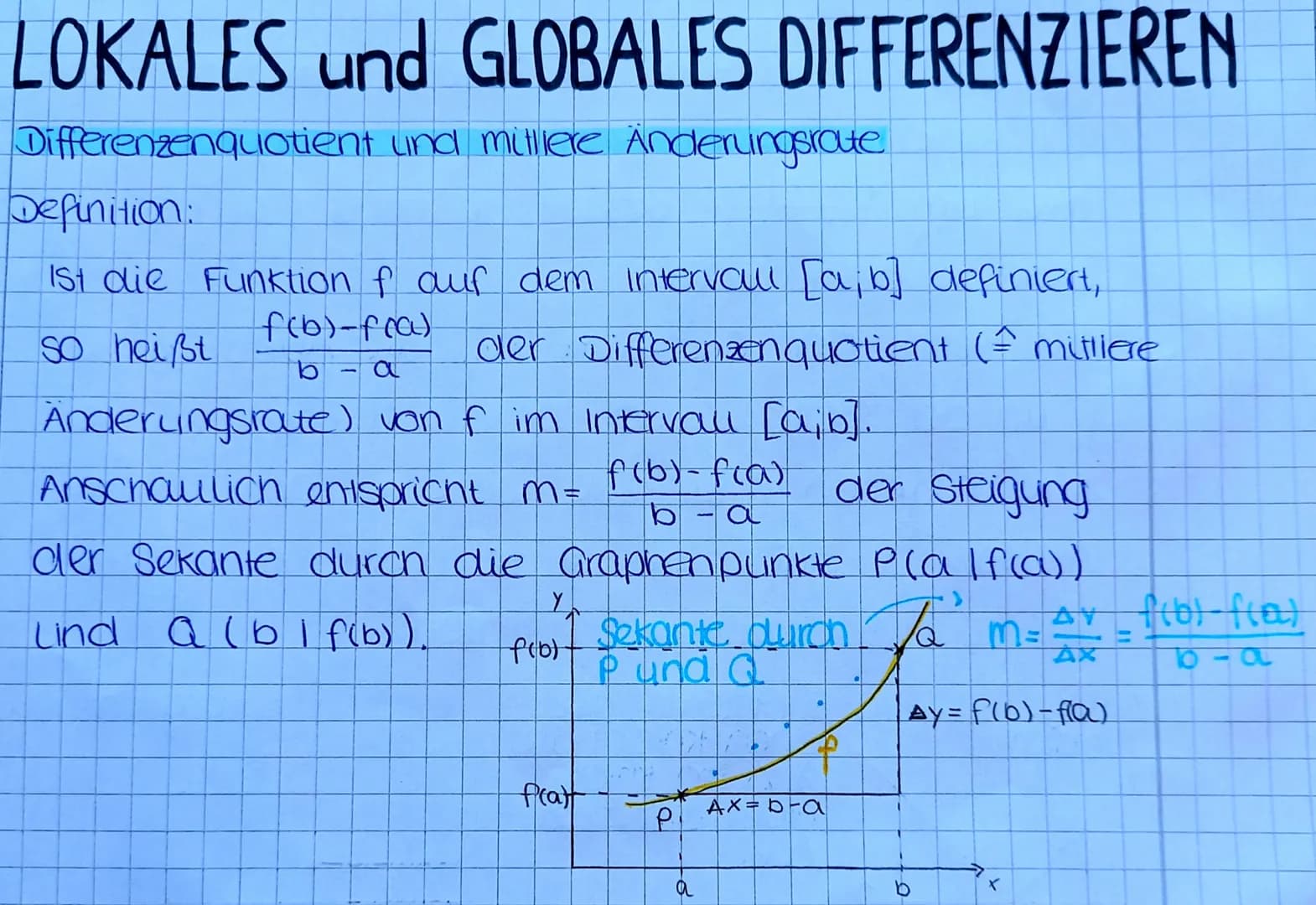 LOKALES und GLOBALES DIFFERENZIEREN
Differenzenquotient und mittlere Änderungsrate
Definition:
Ist die Funktion f auf dem Intervall [a; b] d