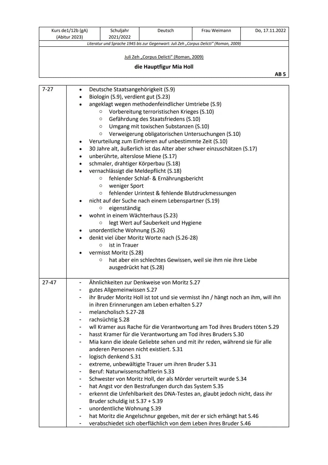 Kurs de1/12b (gA)
(Abitur 2023)
7-27
27-47
●
●
Schuljahr
2021/2022
Literatur und Sprache 1945 bis zur Gegenwart: Juli Zeh,,Corpus Delicti" (