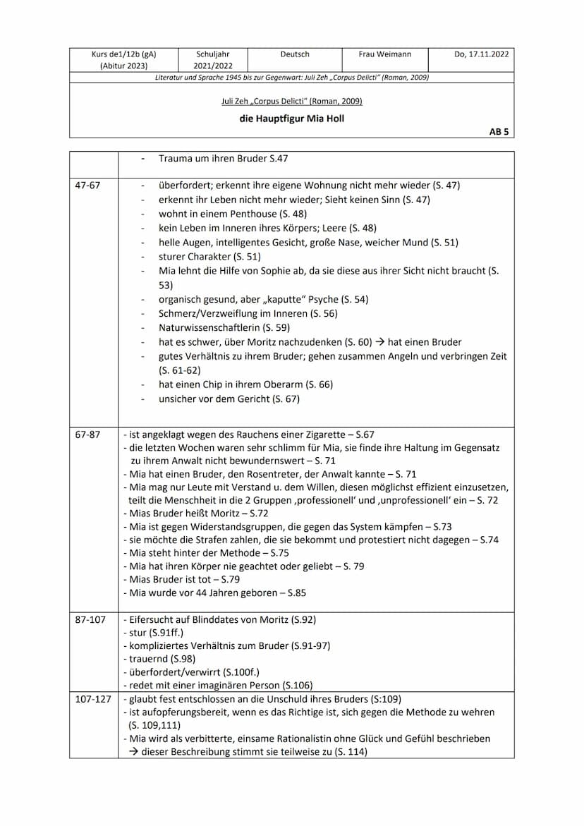 Kurs de1/12b (gA)
(Abitur 2023)
7-27
27-47
●
●
Schuljahr
2021/2022
Literatur und Sprache 1945 bis zur Gegenwart: Juli Zeh,,Corpus Delicti" (