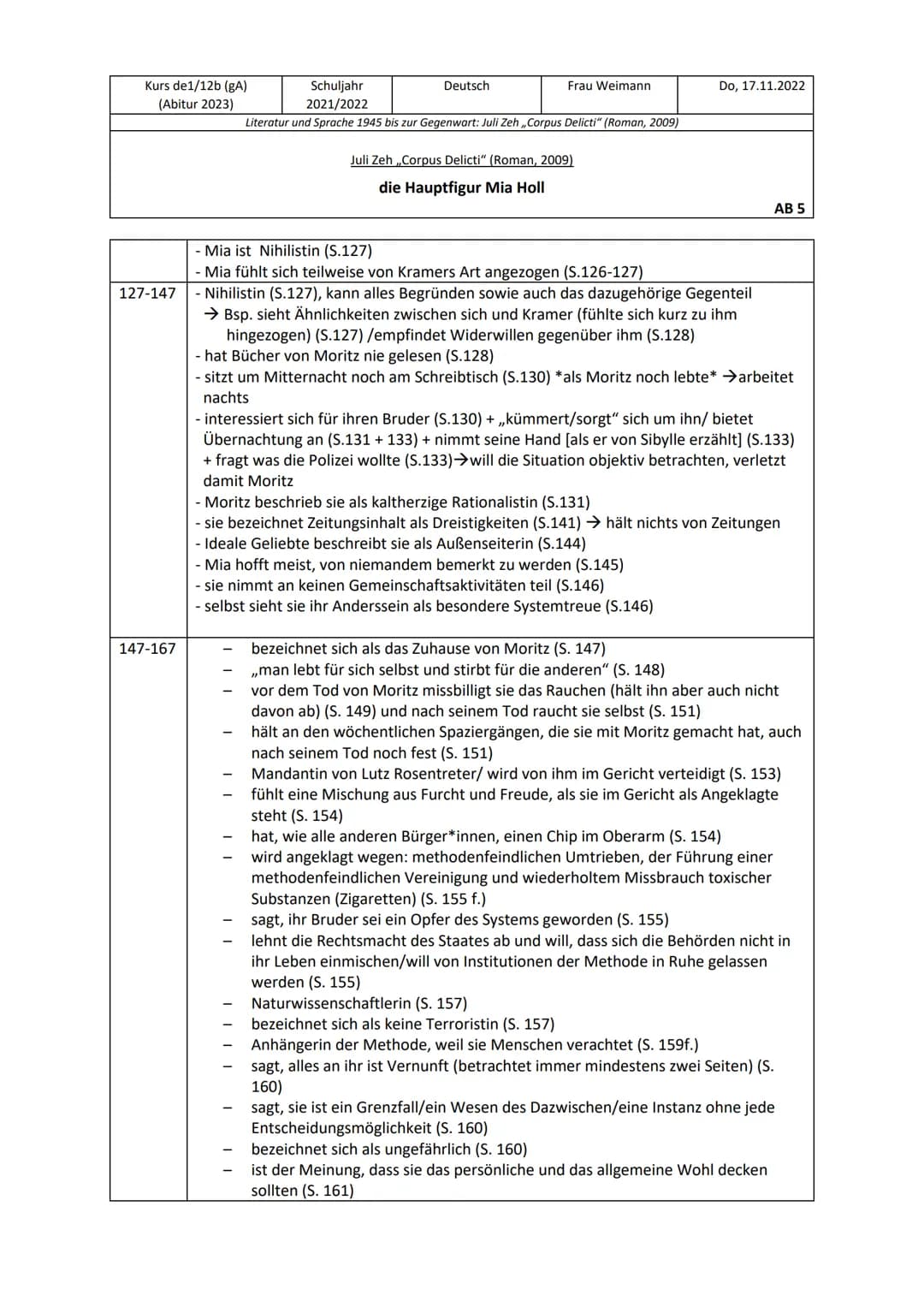 Kurs de1/12b (gA)
(Abitur 2023)
7-27
27-47
●
●
Schuljahr
2021/2022
Literatur und Sprache 1945 bis zur Gegenwart: Juli Zeh,,Corpus Delicti" (