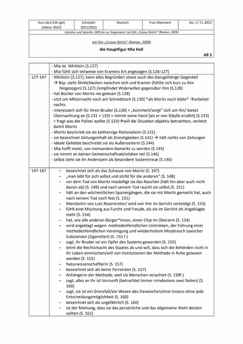 Kurs de1/12b (gA)
(Abitur 2023)
7-27
27-47
●
●
Schuljahr
2021/2022
Literatur und Sprache 1945 bis zur Gegenwart: Juli Zeh,,Corpus Delicti" (