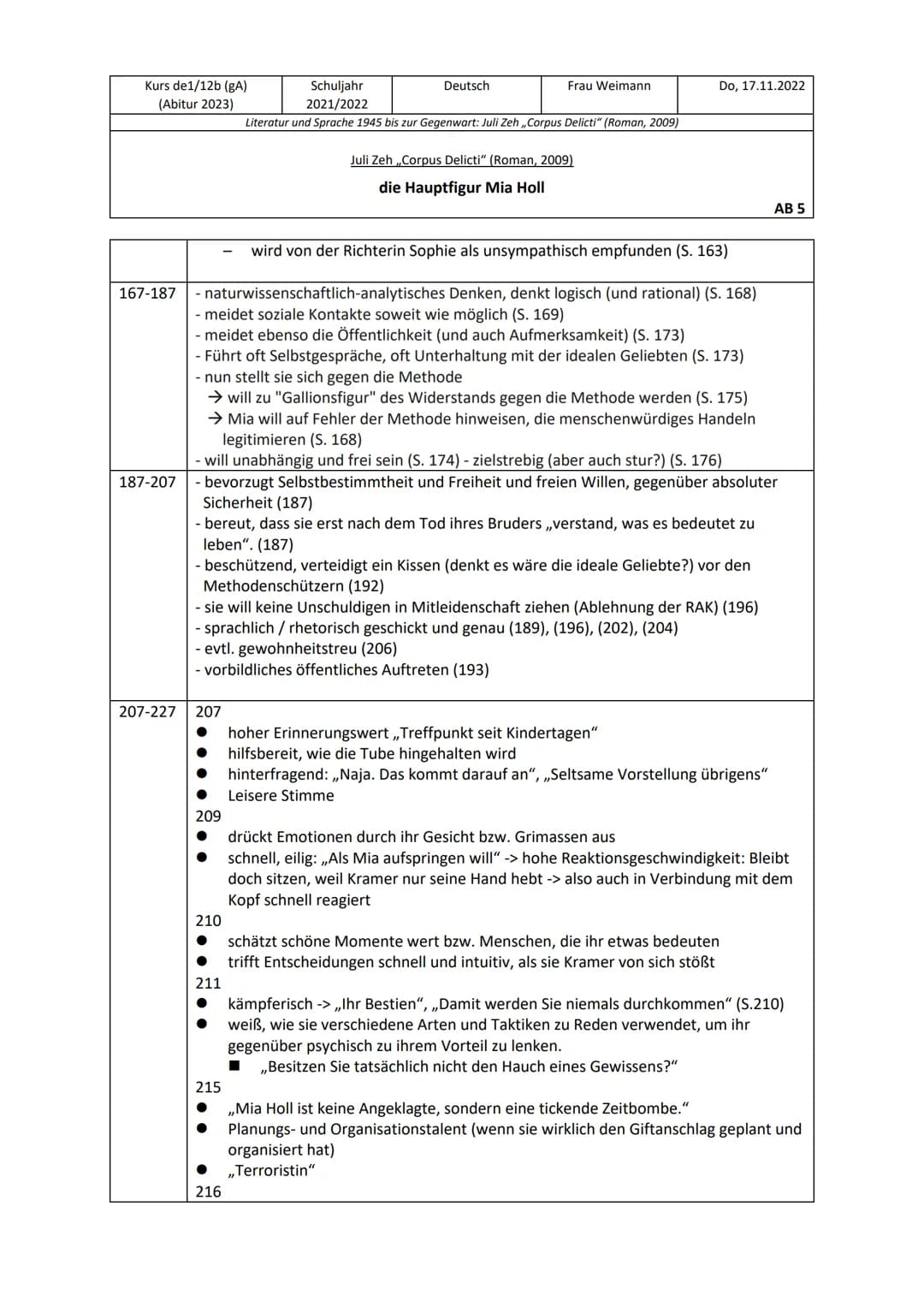 Kurs de1/12b (gA)
(Abitur 2023)
7-27
27-47
●
●
Schuljahr
2021/2022
Literatur und Sprache 1945 bis zur Gegenwart: Juli Zeh,,Corpus Delicti" (