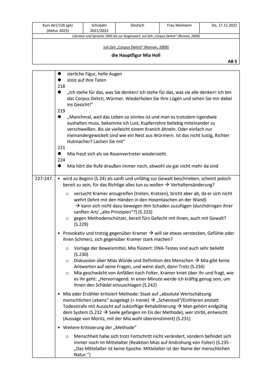 Kurs de1/12b (gA)
(Abitur 2023)
7-27
27-47
●
●
Schuljahr
2021/2022
Literatur und Sprache 1945 bis zur Gegenwart: Juli Zeh,,Corpus Delicti" (