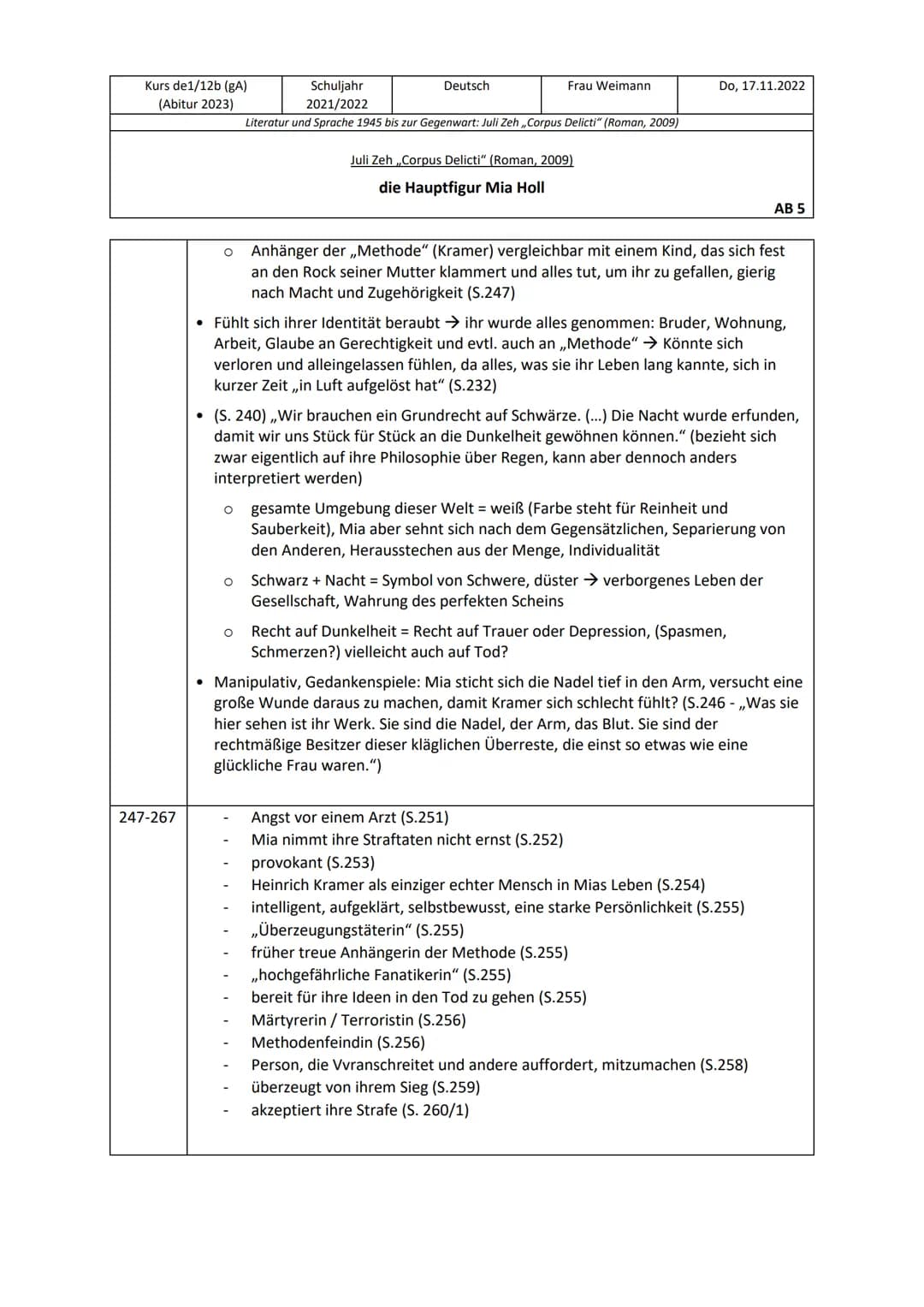 Kurs de1/12b (gA)
(Abitur 2023)
7-27
27-47
●
●
Schuljahr
2021/2022
Literatur und Sprache 1945 bis zur Gegenwart: Juli Zeh,,Corpus Delicti" (