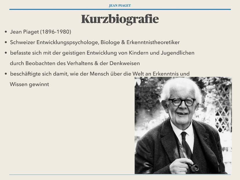 JEAN PIAGET
die kognitive Entwicklung
nach Jean Piaget JEAN PIAGET
Gliederung
1. Kurzbiografie - Jean Piaget
2. Kerngedanken
3. Begriffserkl
