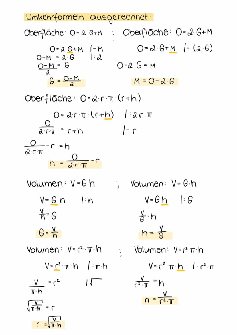 G
M
G
DREHZYLINDER
d-Durchmesser ; 0 = Oberfläche
h-Körperhöhe
ju - Umfang
V = Volumen
M = Mantelfläche
6 = Grundfläche; r = Radius (hälfte 