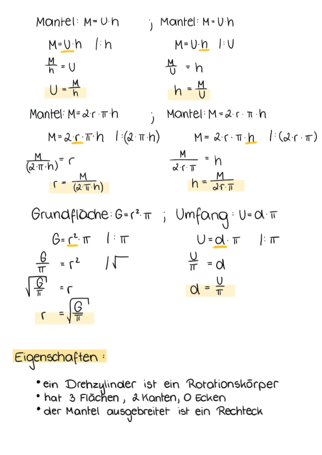 G
M
G
DREHZYLINDER
d-Durchmesser ; 0 = Oberfläche
h-Körperhöhe
ju - Umfang
V = Volumen
M = Mantelfläche
6 = Grundfläche; r = Radius (hälfte 