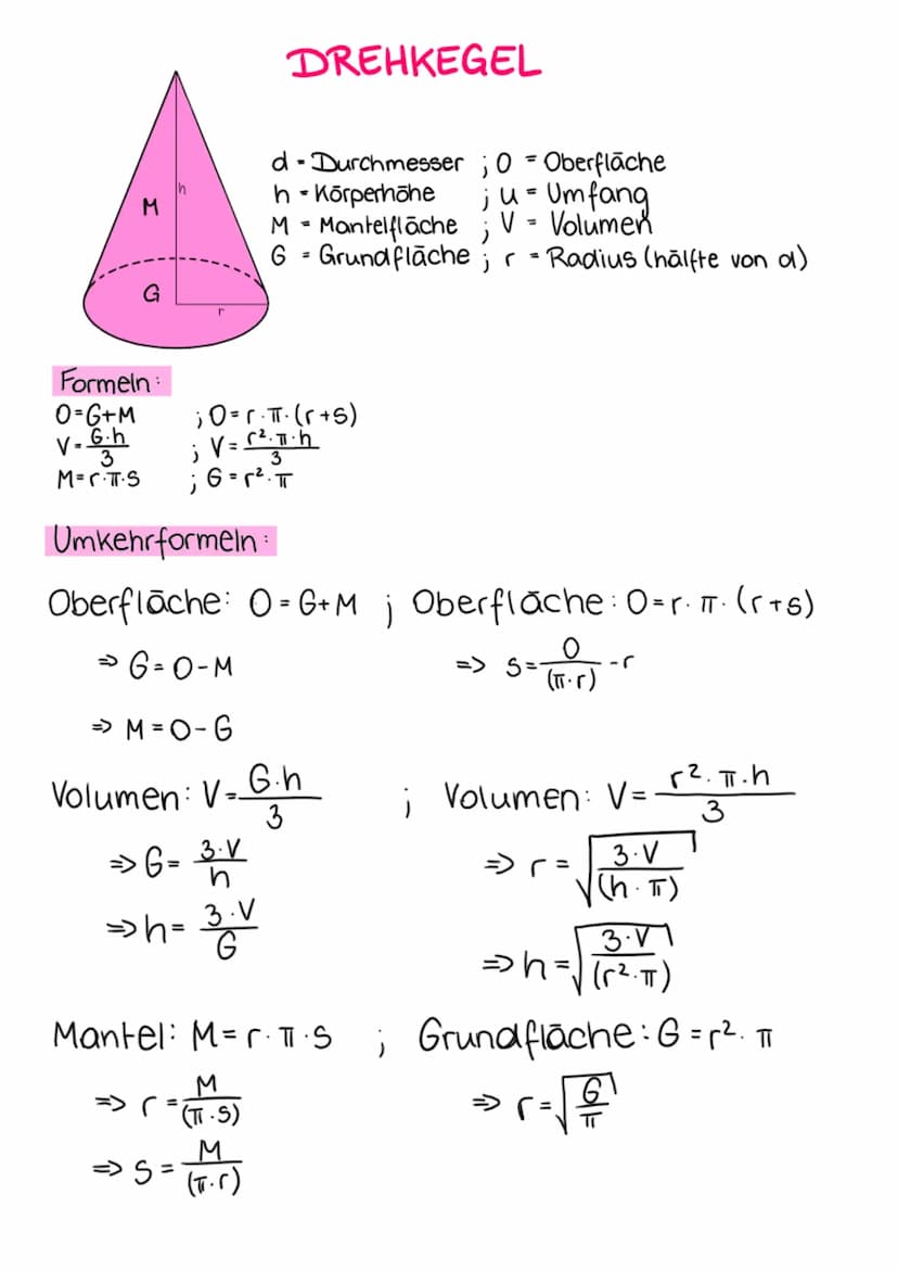 G
M
G
DREHZYLINDER
d-Durchmesser ; 0 = Oberfläche
h-Körperhöhe
ju - Umfang
V = Volumen
M = Mantelfläche
6 = Grundfläche; r = Radius (hälfte 