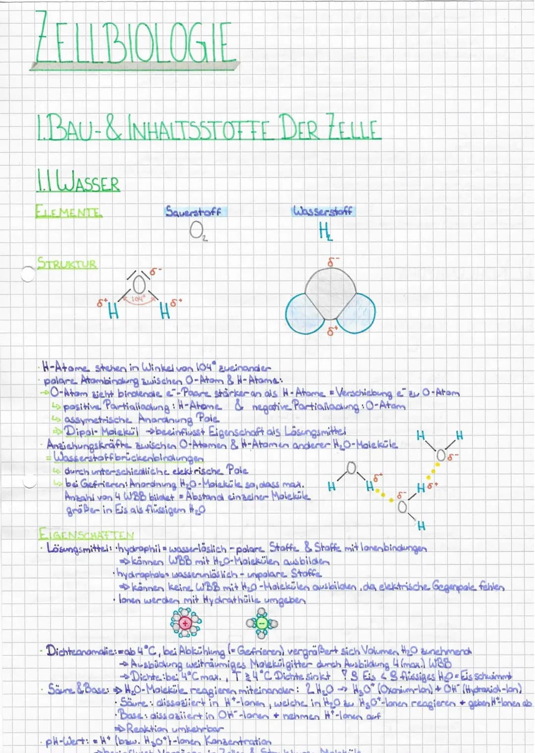 ZELLBIOLOGIE
L.BAU- & INHALTSSTOFFE DER ZELLE
WASSER
ELEMENTE
STRUKTUR
Tola
SH
Sauerstoff
O₂
.
Ho
Wasserstoff
H
S
$
• H-Atome stehen in Wink