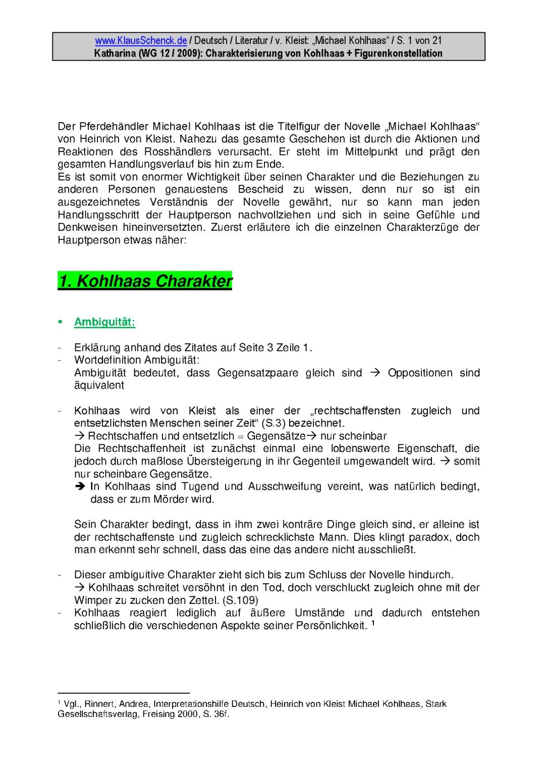 Michael Kohlhaas: Zusammenfassung und Geschichte der Novelle von Heinrich von Kleist