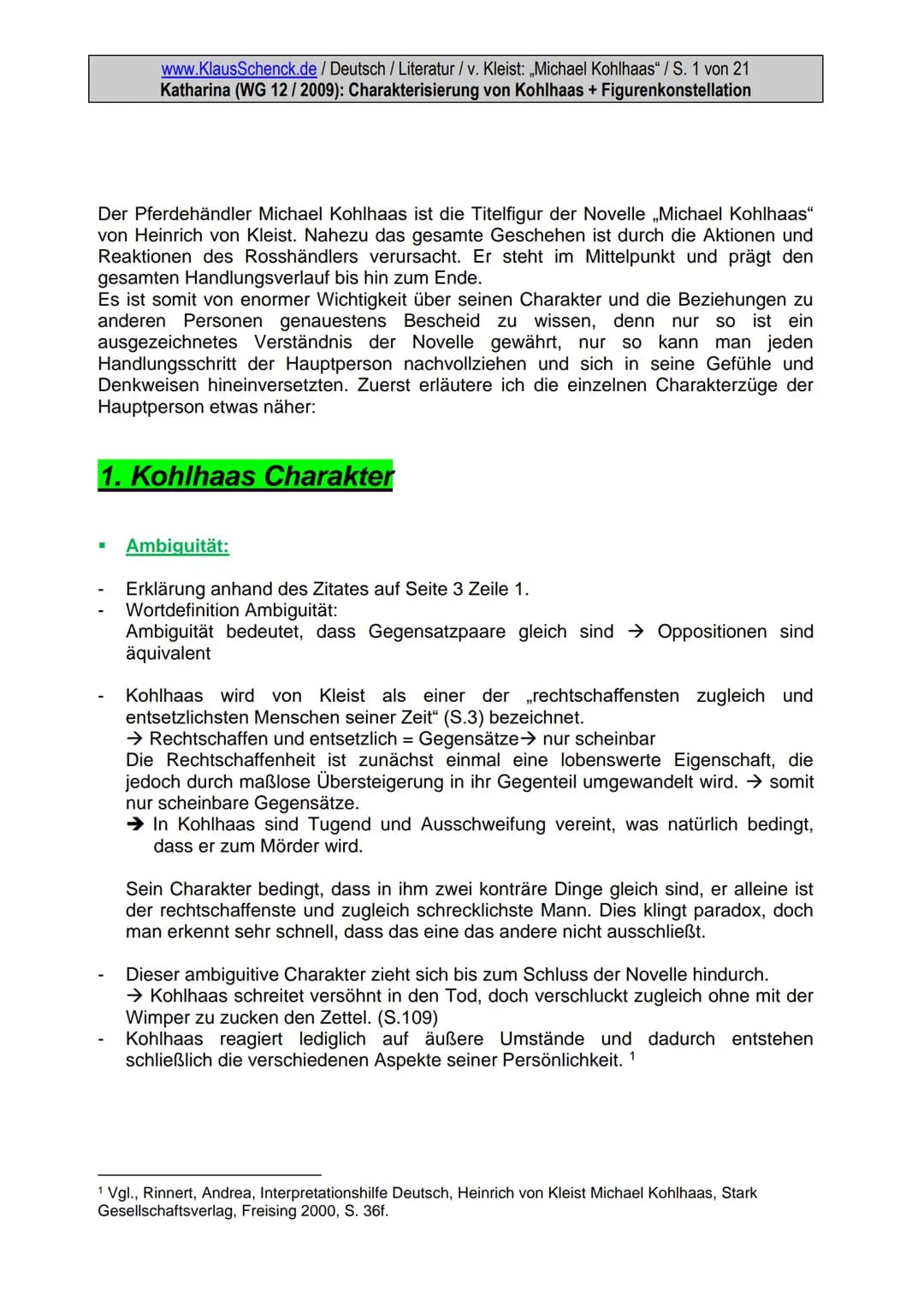 www.KlausSchenck.de / Deutsch / Literatur / v. Kleist: „Michael Kohlhaas" / S. 1 von 21
Katharina (WG 12/2009): Charakterisierung von Kohlha