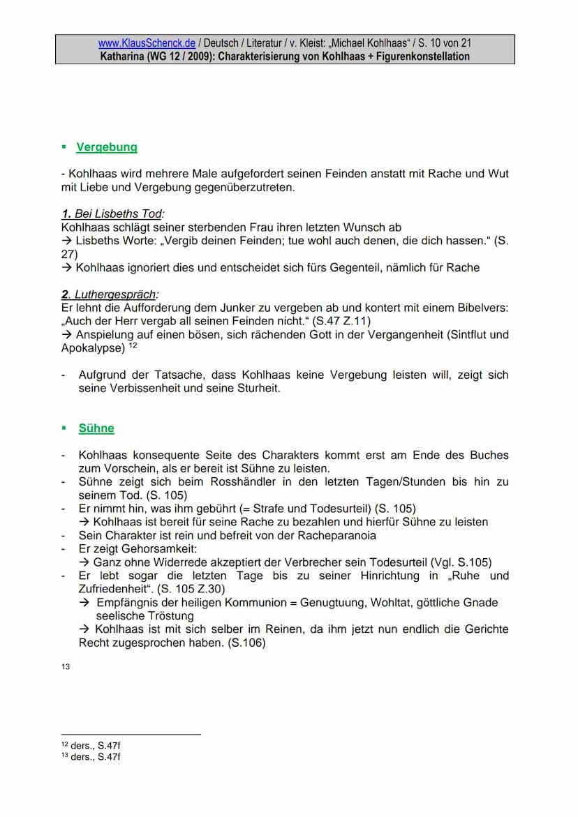 www.KlausSchenck.de / Deutsch / Literatur / v. Kleist: „Michael Kohlhaas" / S. 1 von 21
Katharina (WG 12/2009): Charakterisierung von Kohlha