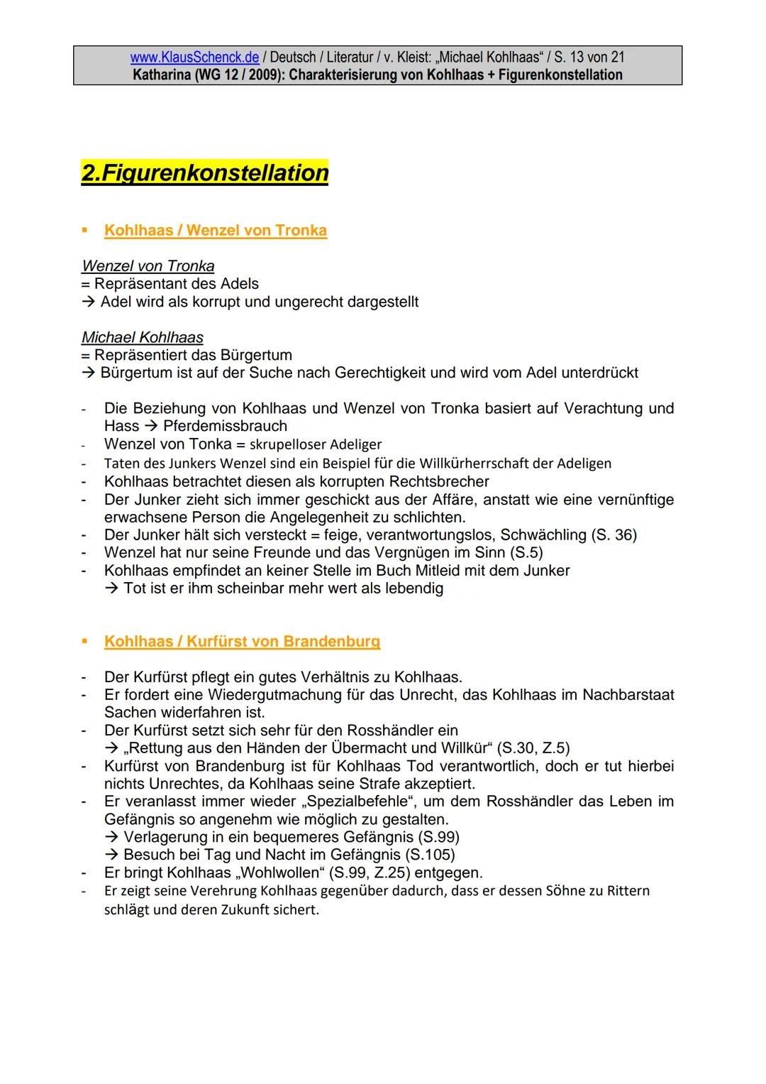 www.KlausSchenck.de / Deutsch / Literatur / v. Kleist: „Michael Kohlhaas" / S. 1 von 21
Katharina (WG 12/2009): Charakterisierung von Kohlha