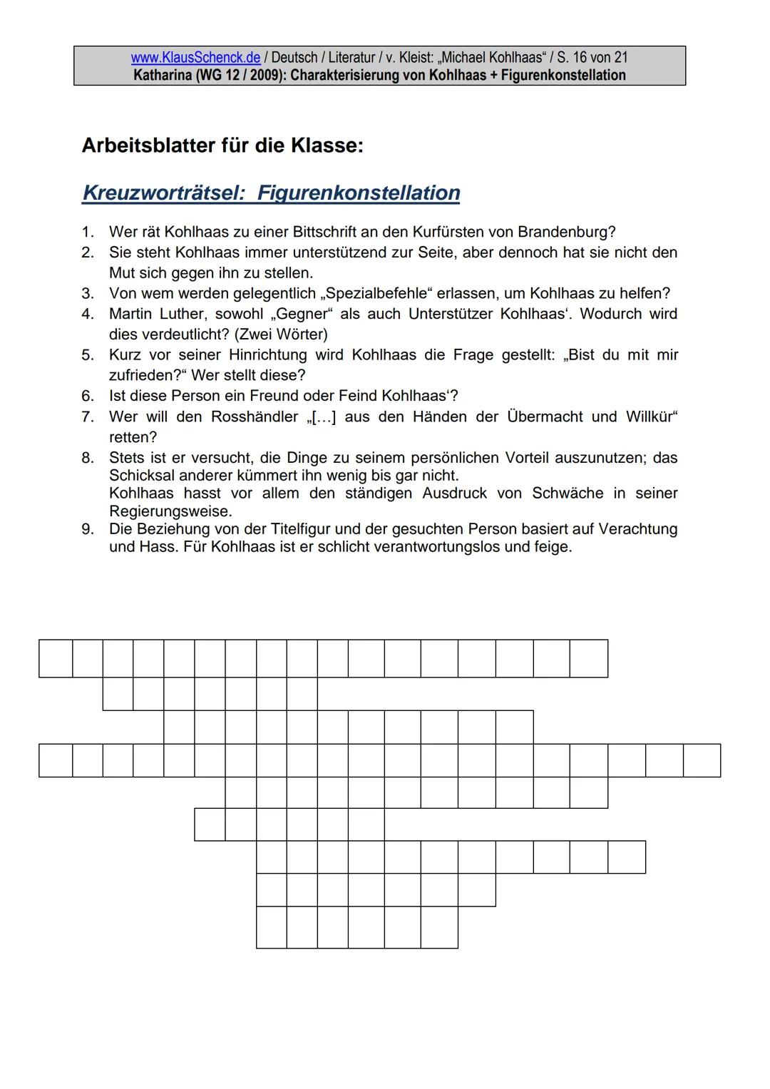 www.KlausSchenck.de / Deutsch / Literatur / v. Kleist: „Michael Kohlhaas" / S. 1 von 21
Katharina (WG 12/2009): Charakterisierung von Kohlha