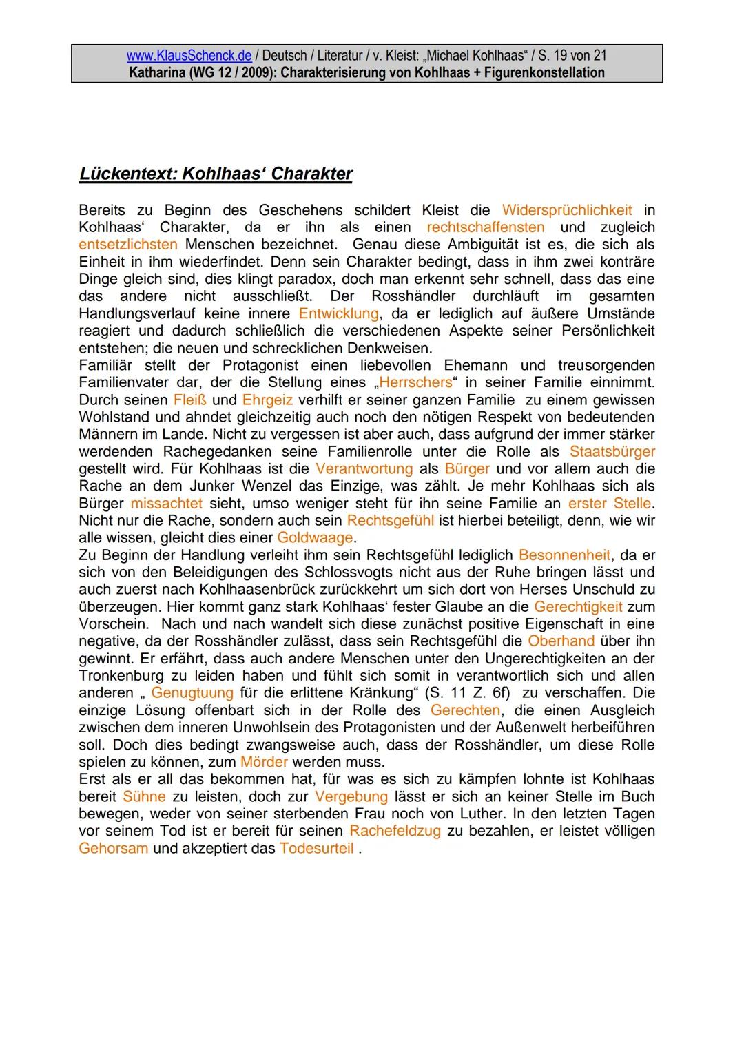 www.KlausSchenck.de / Deutsch / Literatur / v. Kleist: „Michael Kohlhaas" / S. 1 von 21
Katharina (WG 12/2009): Charakterisierung von Kohlha