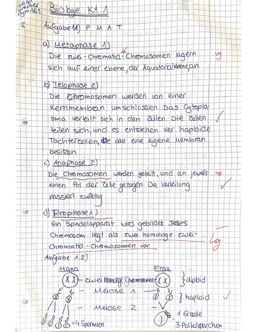 Name: Elisa Grobler
JS 1/1
4stündig
Aufgabe
VP
1.1 1.2
4
a)
1.3
c)
Biologie KA Nr. 1
2.2
2
2.1
2 2
7
erreichte VP 2,52 25 15,5
3.1
6
Aufgabe