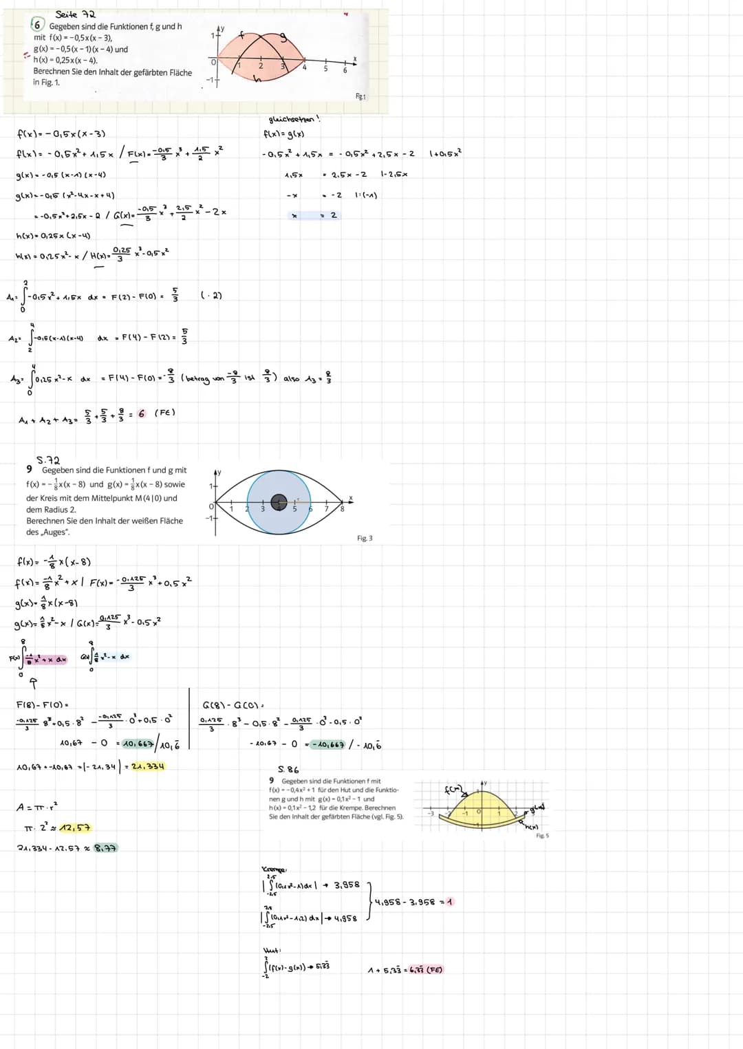 Seite 72
6 Gegeben sind die Funktionen f, g und h
mit f(x)= -0,5x(x-3),
g(x)=-0,5(x-1)(x-4) und
h(x)-0,25x(x-4).
Berechnen Sie den Inhalt de