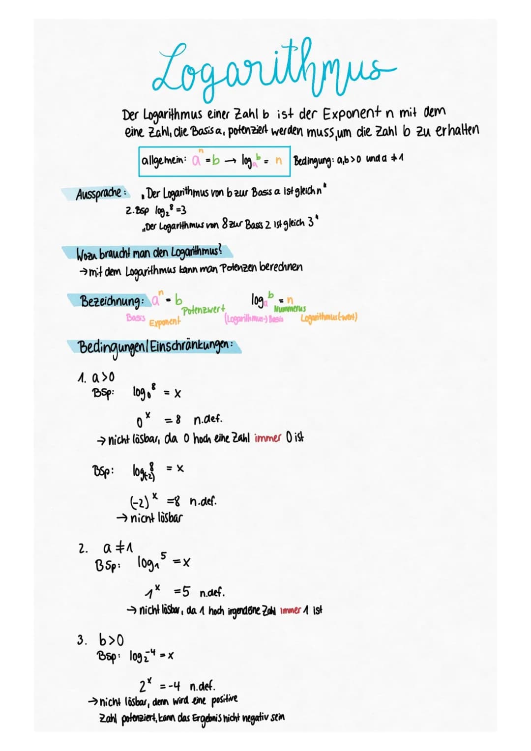 Logarithmus
Der Logarithmus einer Zahl b ist der Exponent n mit dem
eine Zahl, die Basis a, potenziert werden muss, um die Zahl b zu erhalte