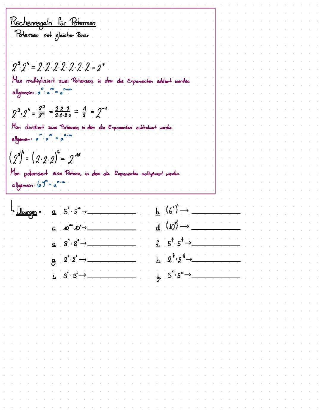 Potenzen mit gleicher Basis - Erklärung und Übungen, inklusive Lösungen