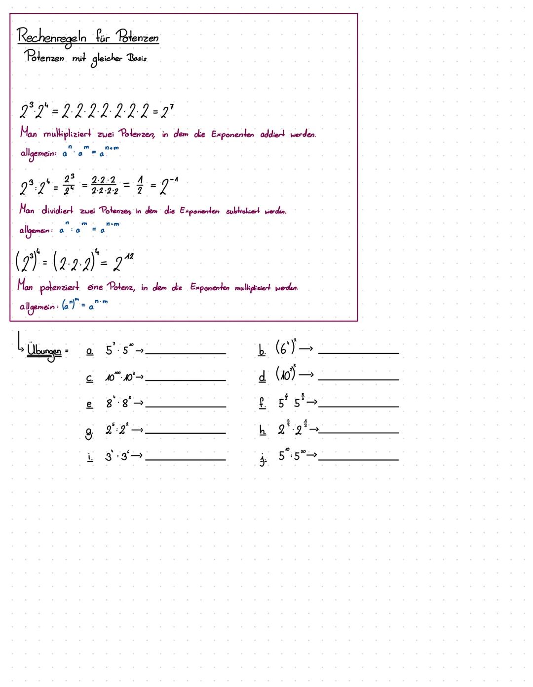 Rechenregeln für Potenzen
Potenzen mit gleicher Basis.
2³-2=2·2·2·2·2·2·2=2²
Man multipliziert zwei Potenzen, in dem die Exponenten addiert 
