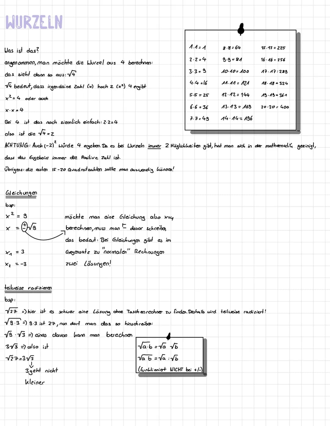 WURZELN
Was ist das?
angenommen, man möchte die Wurzel aus 4 berechnen:
das sieht dann so aus: -√4
√4 bedeut, dass irgendeine Zahl (x) hoch 